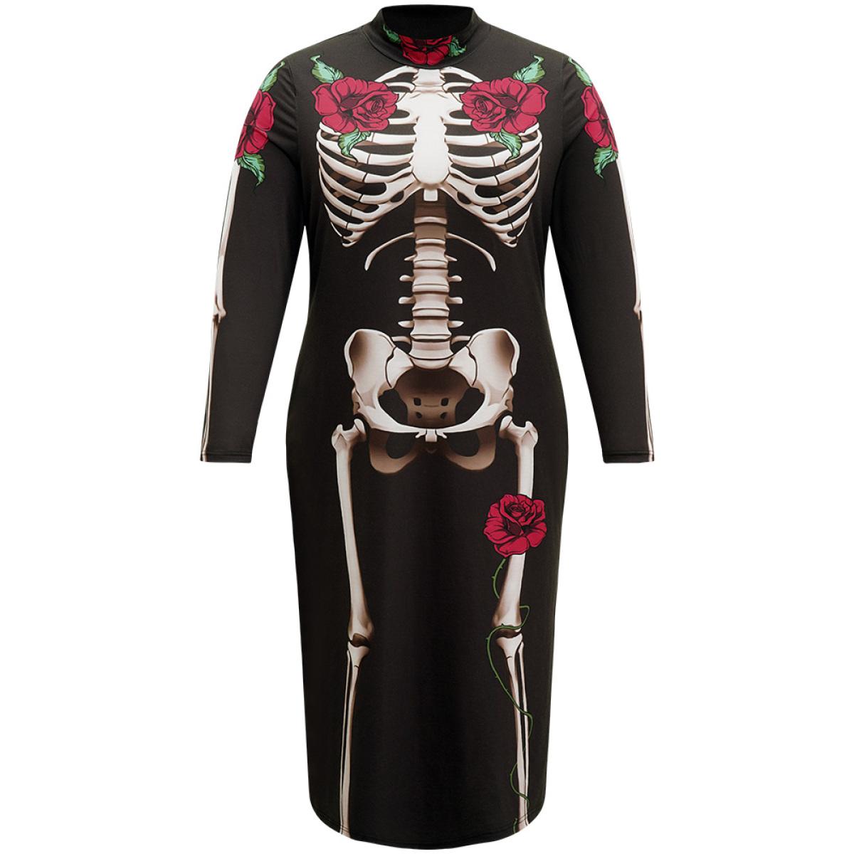 Plus Size Halloween Mock Neck Skull Print Split Hem Dress Black Women Casual Printed Mock Neck Long Sleeve Curvy Midi Dress BloomChic 18-20/2X Product Image