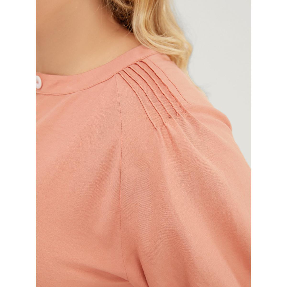 Plus Size Plain Ruffles Pocket Button Up Puff Sleeve Pleated Dress Salmon Women Office Pleated Round Neck Short sleeve Curvy Midi Dress BloomChic 14-16/1X Product Image