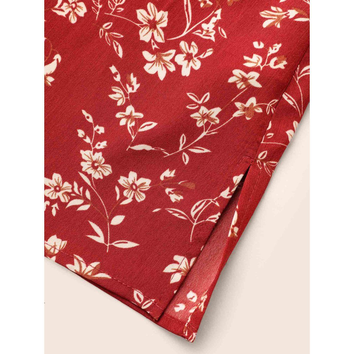 Plus Size Scarlet Ditsy Floral Split Hem Gathered Blouse Women Elegant Extra Long Sleeve V-neck Everyday Blouses BloomChic 30/6X Product Image