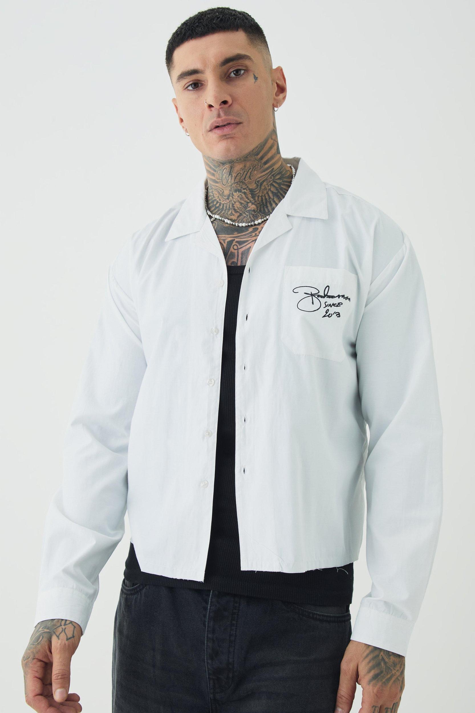 Tall Oversized Script Graphic Boxy Long Sleeve Revere Shirt | boohooMAN USA Product Image