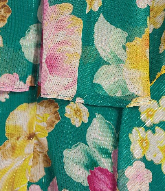 Dress the Population Pixie Metallic Floral Print Square Neck Sleeveless Tiered Ruffle A-Line Mini Dress Product Image