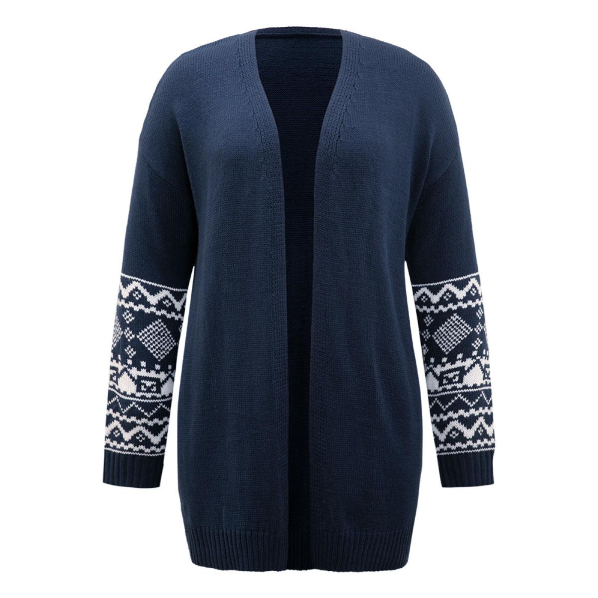 Plus Size Geometric Graphic Open Front Tunic Cardigan Indigo Women Casual Loose Long Sleeve Dailywear Cardigans BloomChic 28/5X Product Image