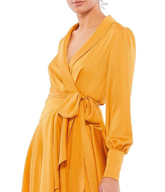 Mac Duggal V Neck Long Sleeve Wrap Satin Mini Dress Product Image