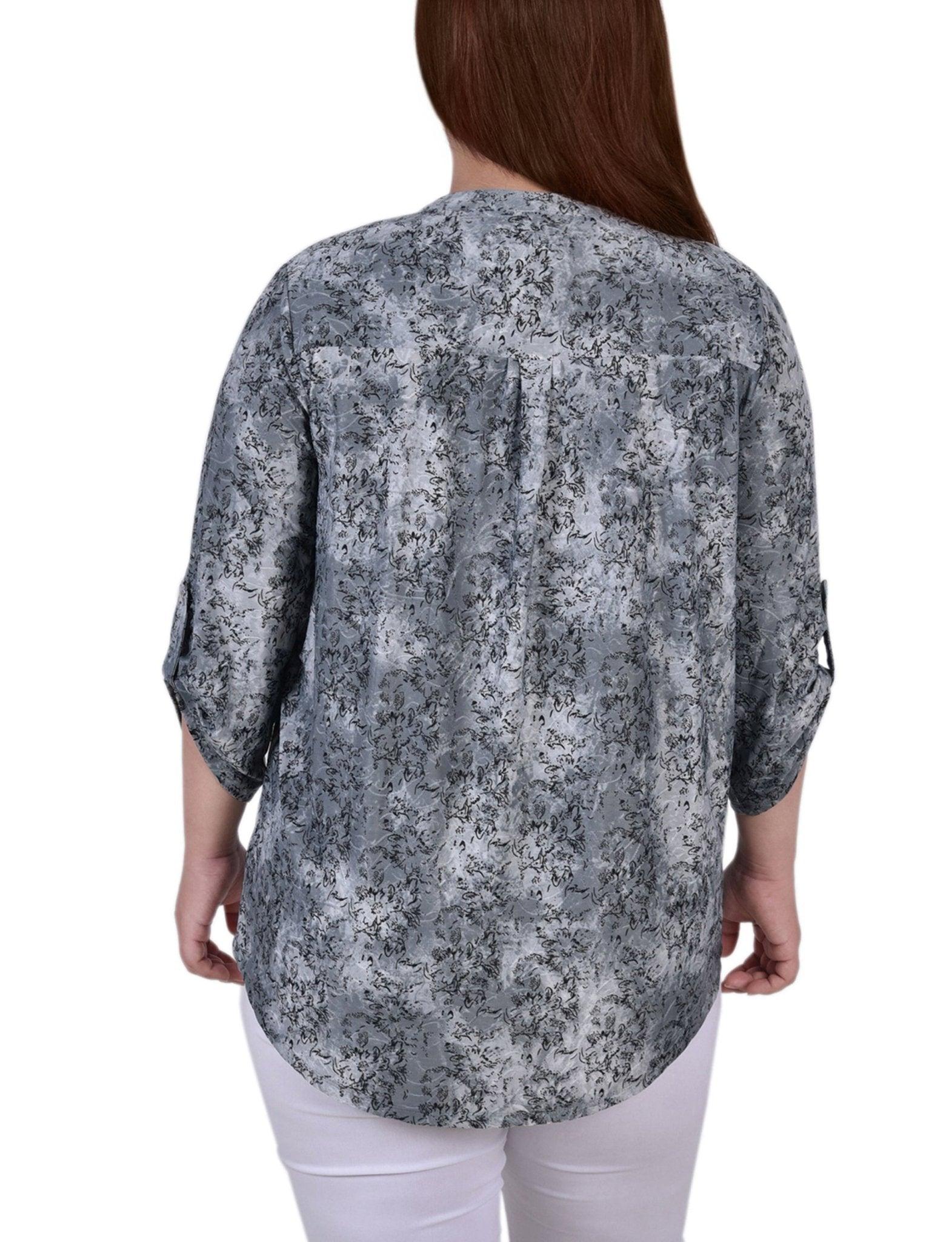 Grey Floral 3/4 Sleeve Roll Tab Y Neck Top - Plus Product Image