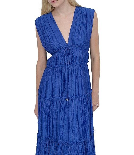DKNY by Donna Karan Organza V Neck Sleeveless Front Tie Sheath Maxi Dress Product Image