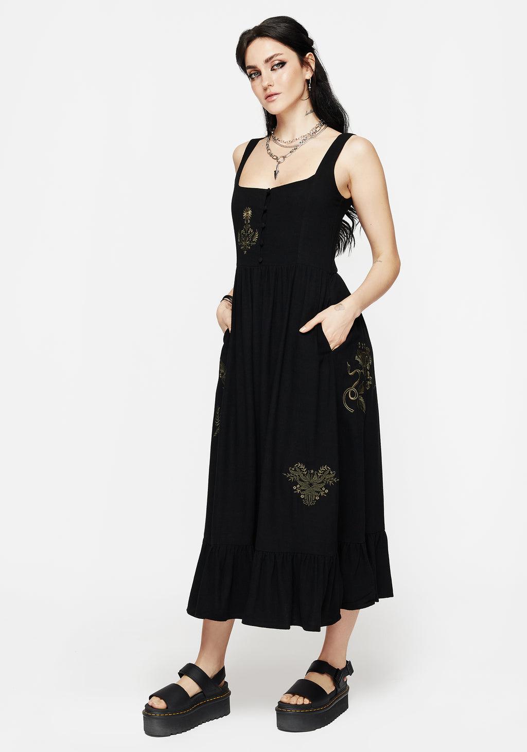 Foliate Linen-Blend Embroidered Sleeveless Midi Dress - Black Product Image