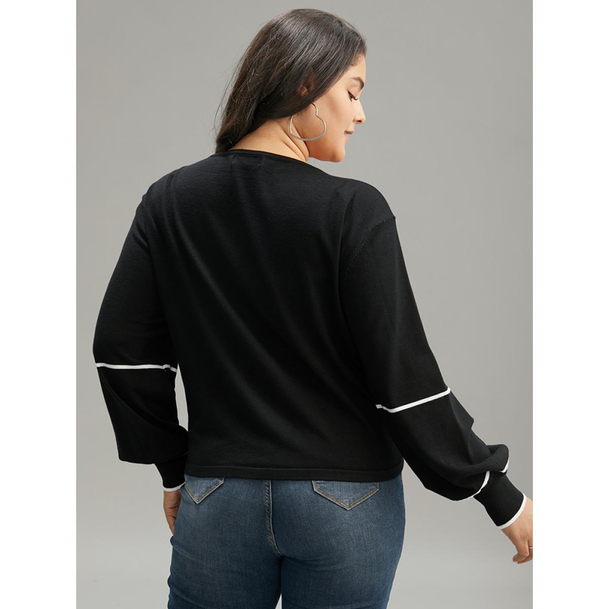 Plus Size Supersoft Essentials Striped Contrast Ties Lantern Sleeve Cardigan Black Women Casual Loose Long Sleeve Dailywear Cardigans BloomChic 14-16/1X Product Image