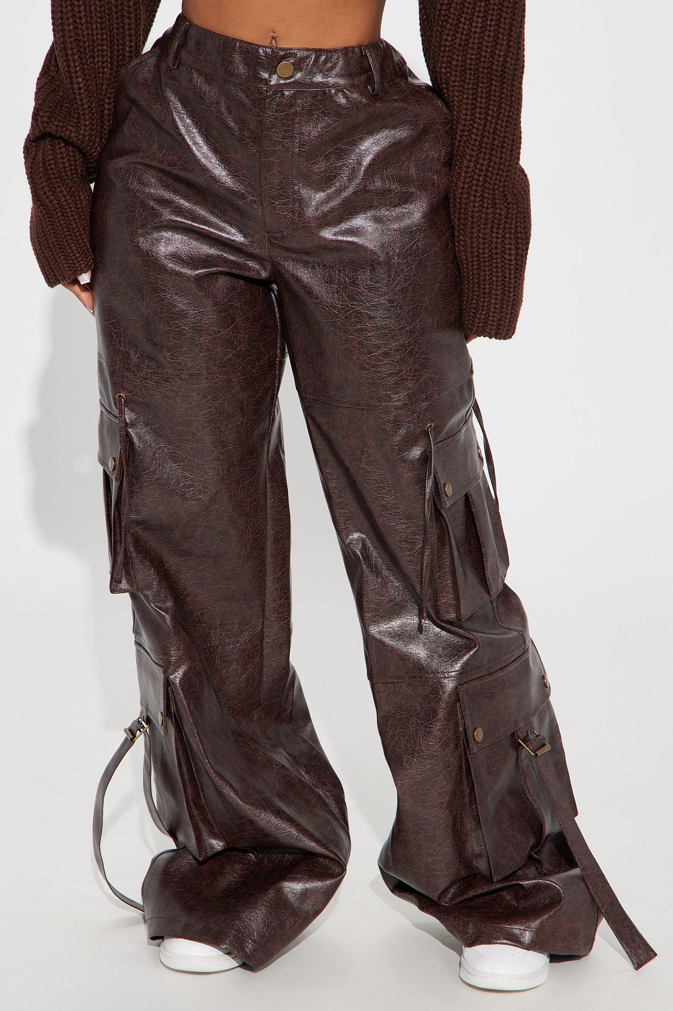 Drop A Hint Faux Leather Cargo Pant - Chocolate Product Image