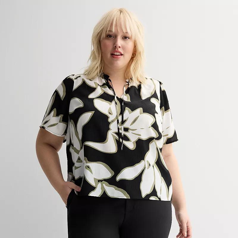 Plus Size Nine West Short Sleeve Front Tie Top, Women's, Size: 2XL, Green Crystal Bloom Product Image