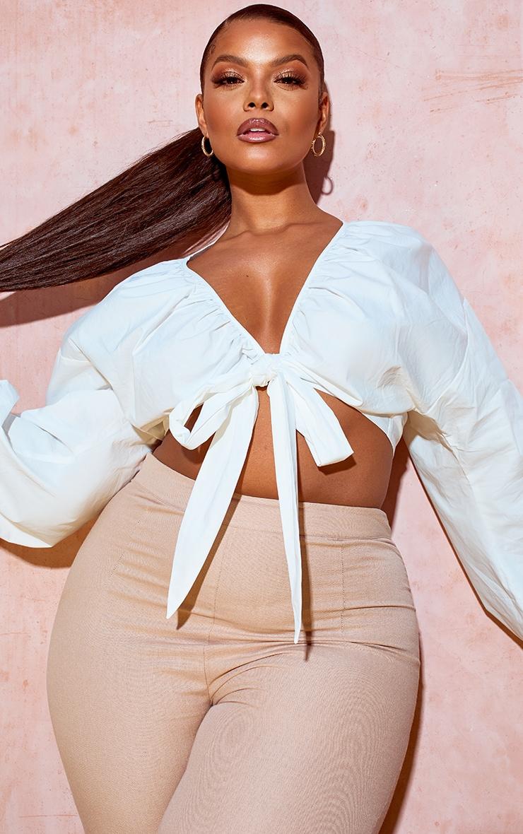 Plus White Tie Front Ruched Blouse Product Image