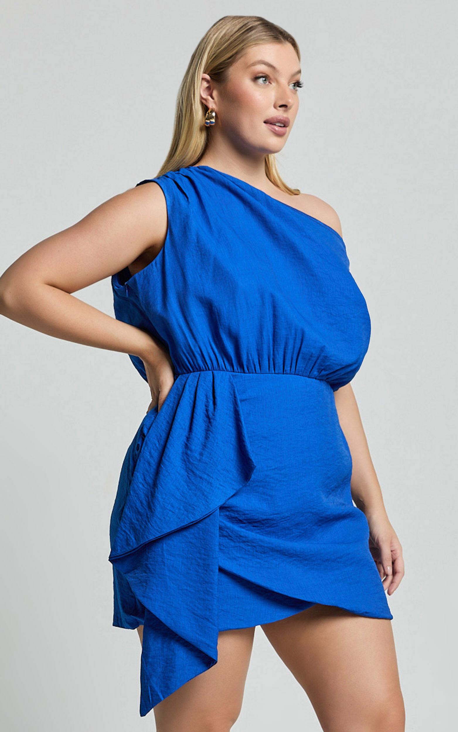 Niana Mini Dress - Drape One Shoulder Dress in Blue Product Image