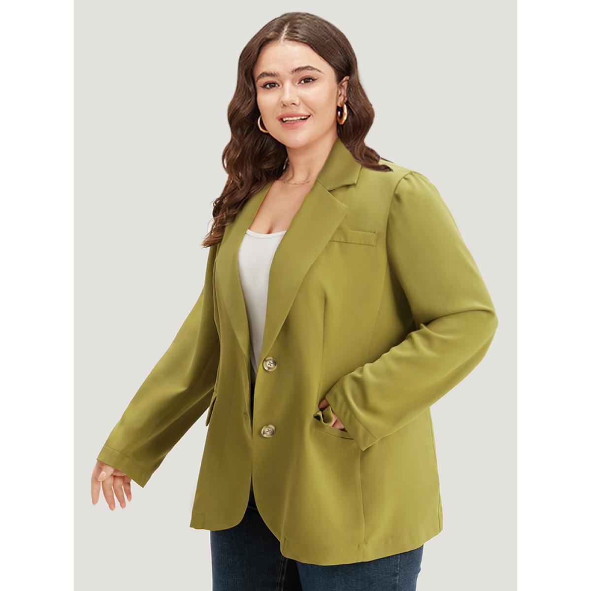 Plus Size Plain Pocket Button Up Suit Collar Blazer Olive Women Dailywear Plain Plain Sleeve Long Sleeve Lapel Collar 28/5X Pocket Casual Blazers BloomChic Product Image