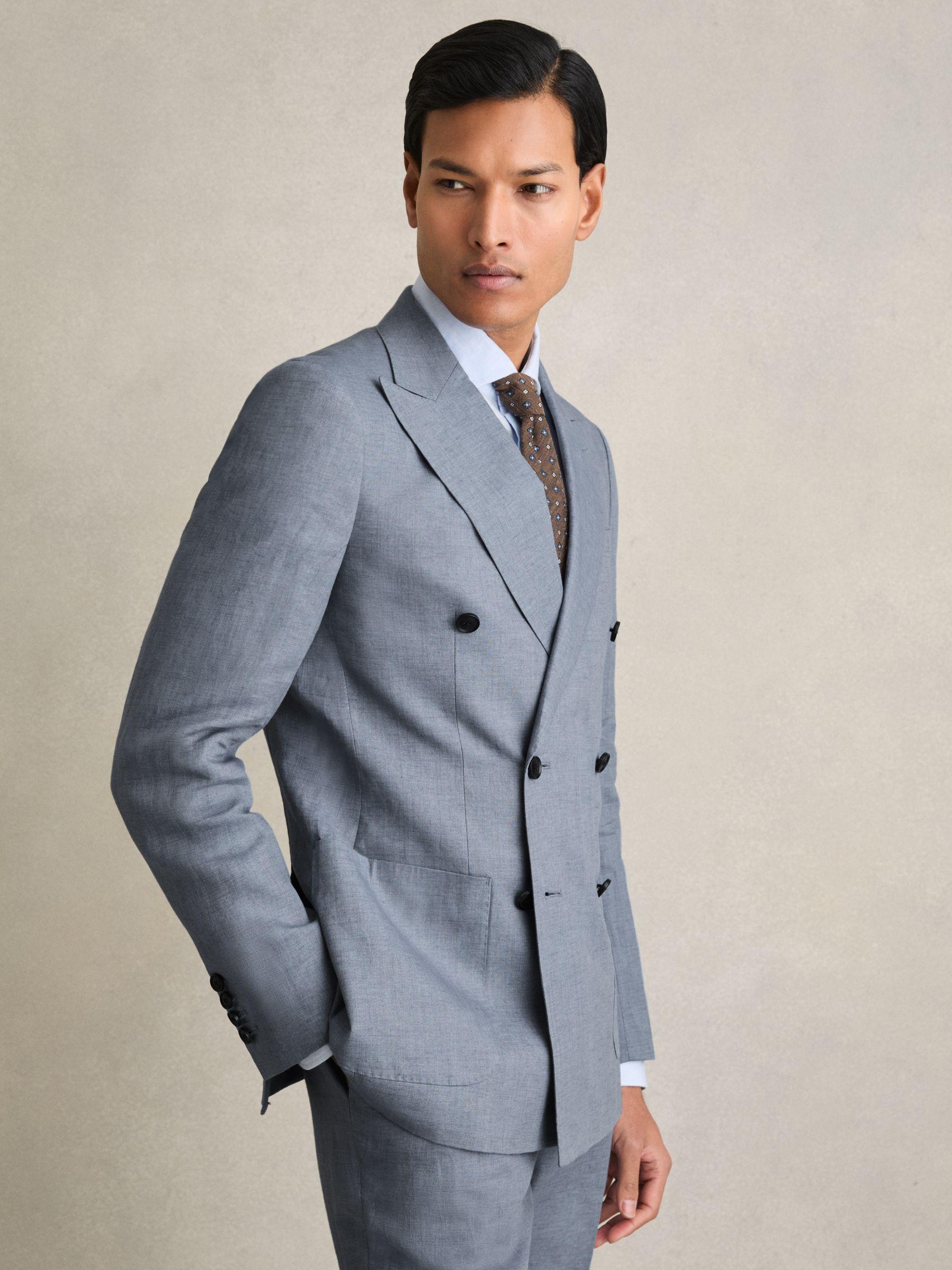 Slim-Fit Linen Double-Breasted Suit Blazer in Airforce Blue Product Image