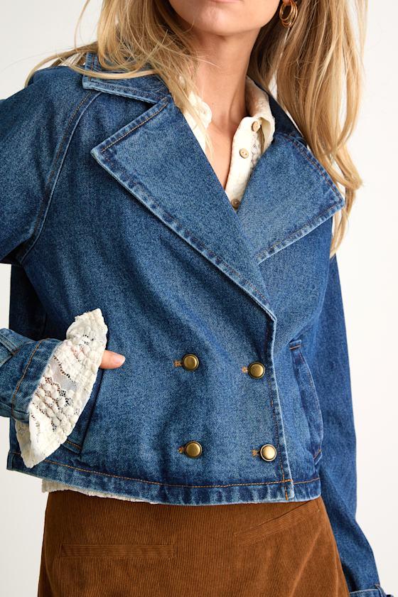 Abria Medium Wash Denim Double-Breasted Cropped Jacket Product Image