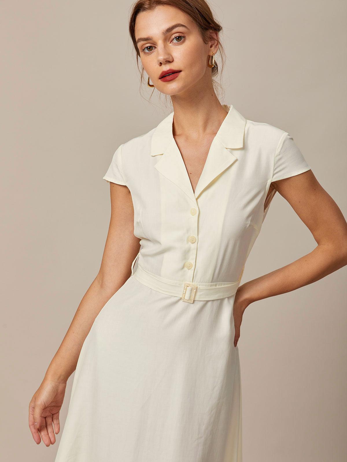The Beige Lapel Cap Sleeve Shirt Midi Dress Product Image