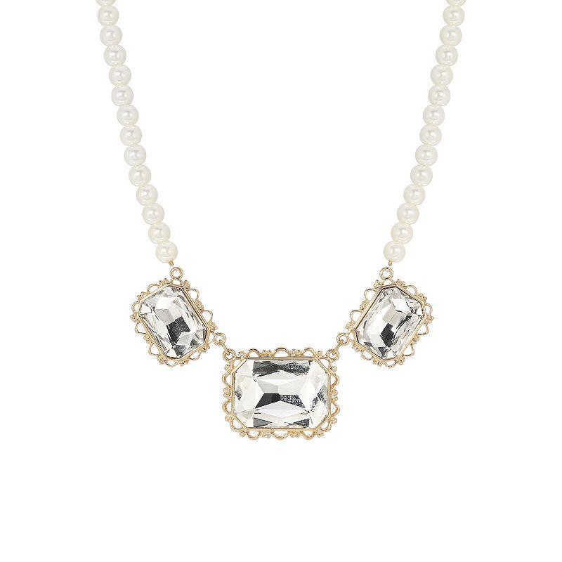 1928 Faux Pearl Faceted Glass Collar Necklace, Women's, White Silver Product Image