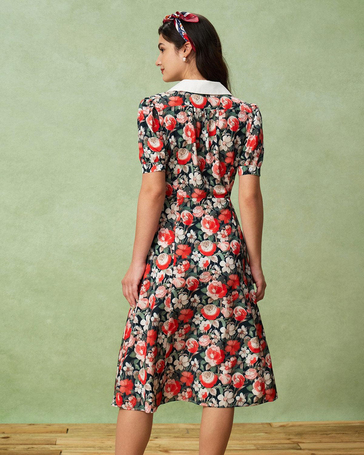 Black Floral Contrast Midi Dress Product Image
