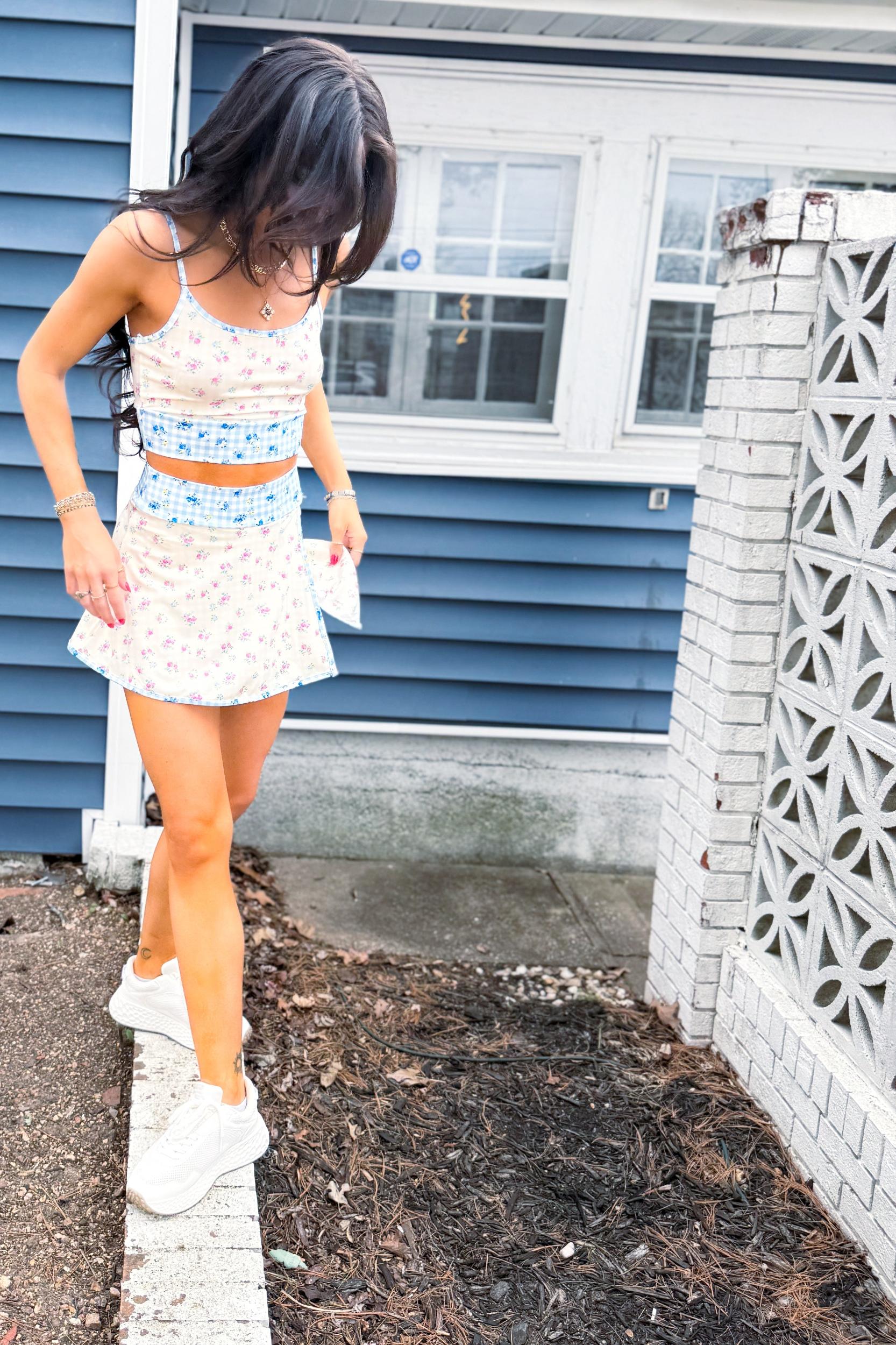 Gingham Floral Print Patchwork Sporty Mini Skort Product Image