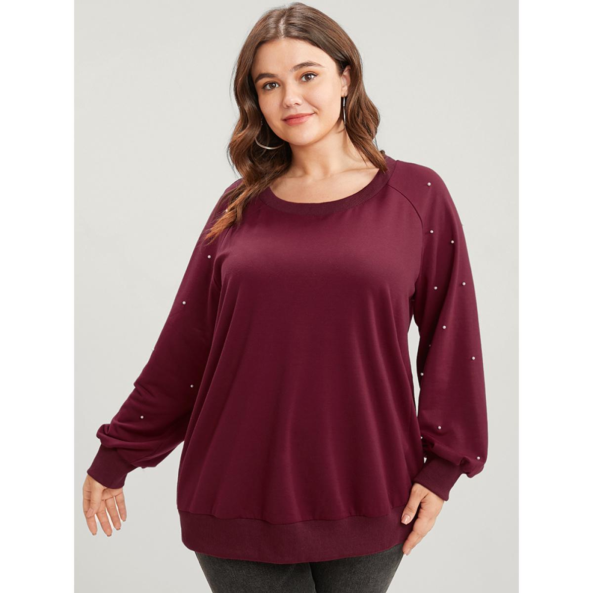 Plus Size Solid Pearls Beaded Raglan Sleeve Drop Shoulder Sweatshirt Women Scarlet Elegant Beaded Round Neck Dailywear Sweatshirts BloomChic 30/6X Product Image