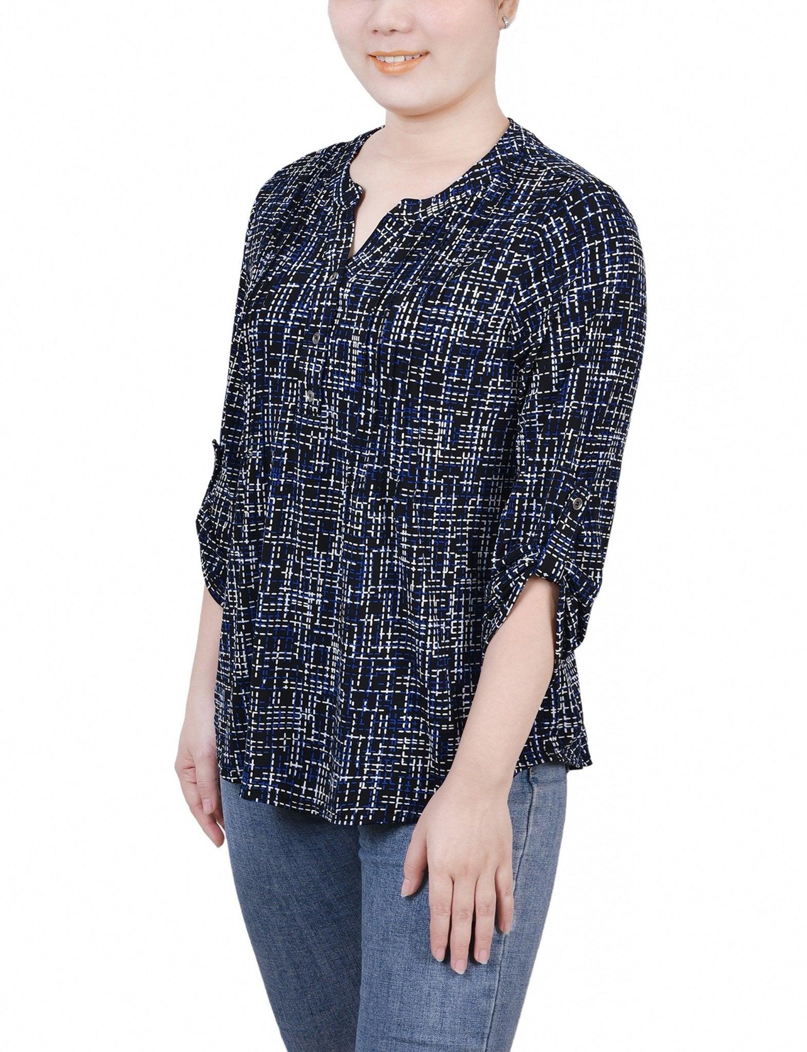 Black Royal Abstract Line 3/4 Roll Tab Sleeve Y Neck Top - Petite Product Image