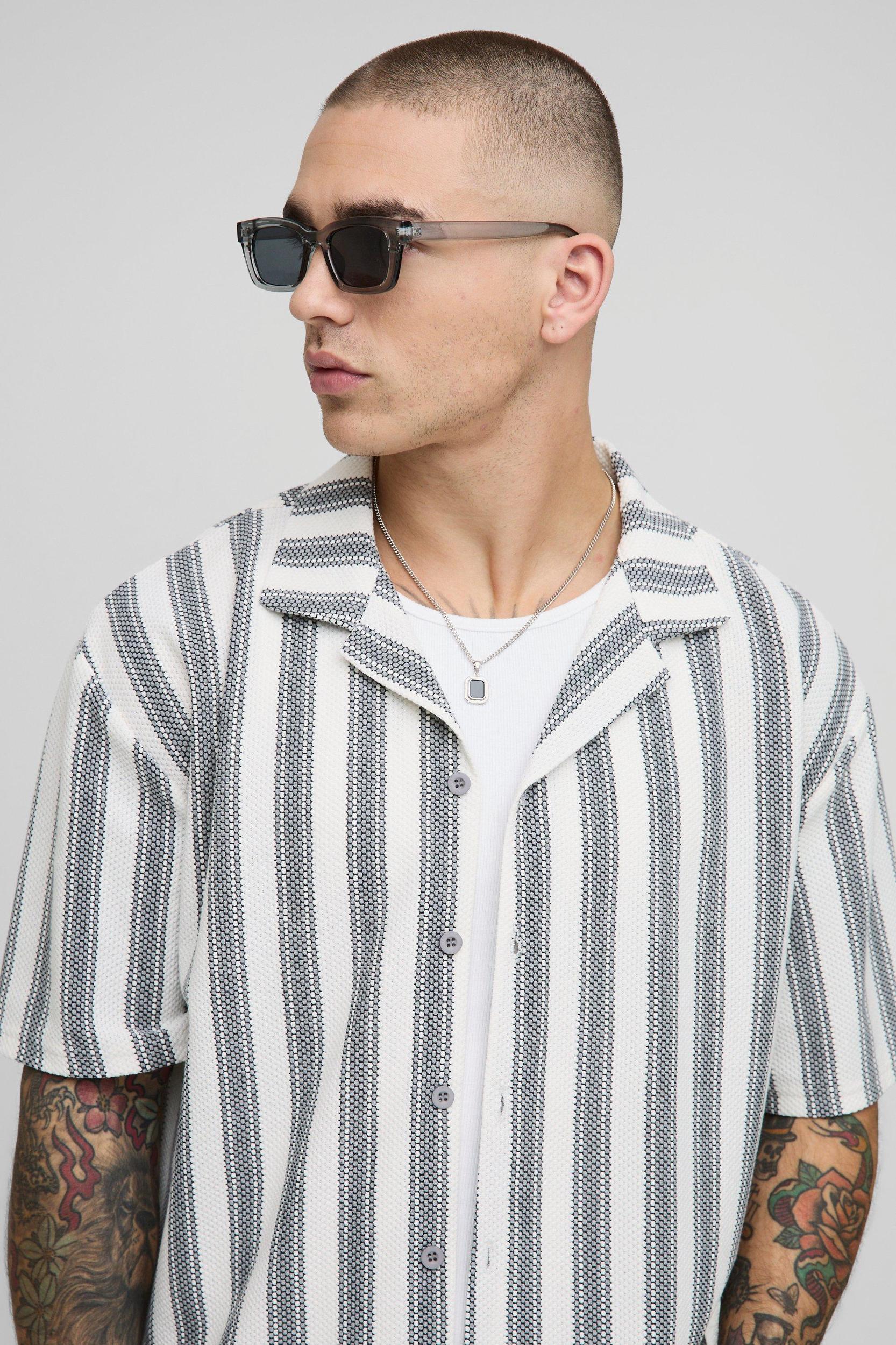 Oversized Boxy Popcorn Texture Striped Jersey Shirt | boohooMAN USA Product Image