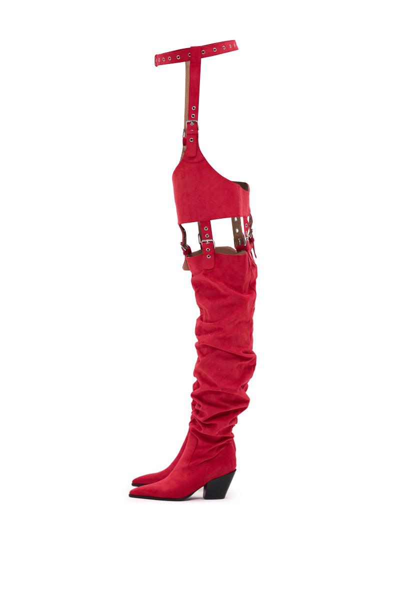 AZALEA WANG XOMARIA RED FAUX SUEDE WESTERN CHAP BOOT Product Image