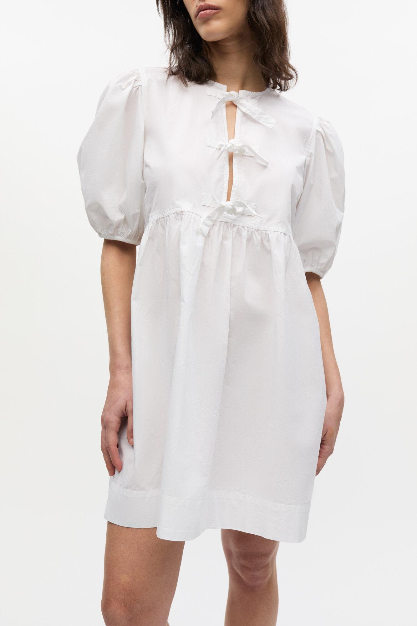 White Cotton Poplin Tie String Mini Dress Product Image