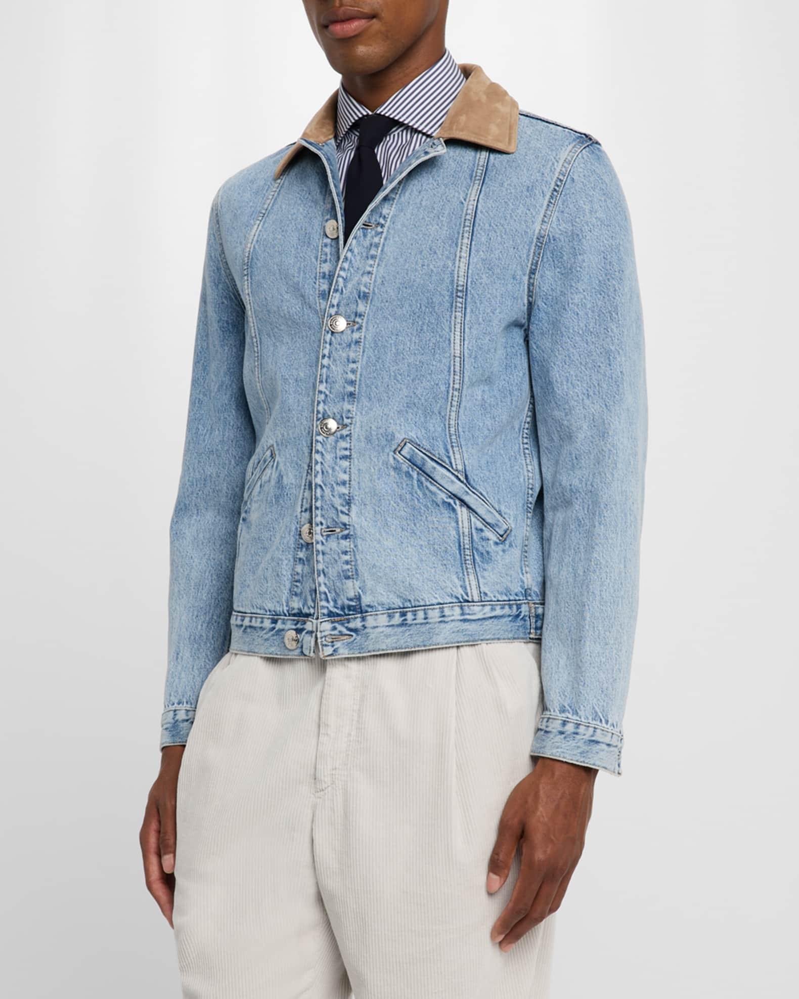 Men's Suede-Collar Light Wash Denim Jacket Product Image