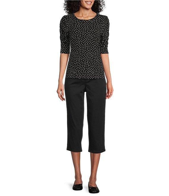 Intro Size Knit Jersey Mini Polka Dot Crew Neck Elbow Puff Sleeve Top Product Image