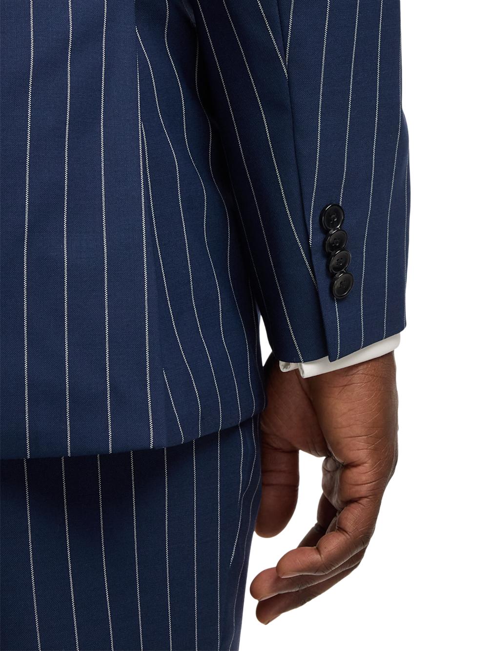 Wool Stretch Stripe Double Breasted Peak Lapel Suit Jacket - Blue Product Image