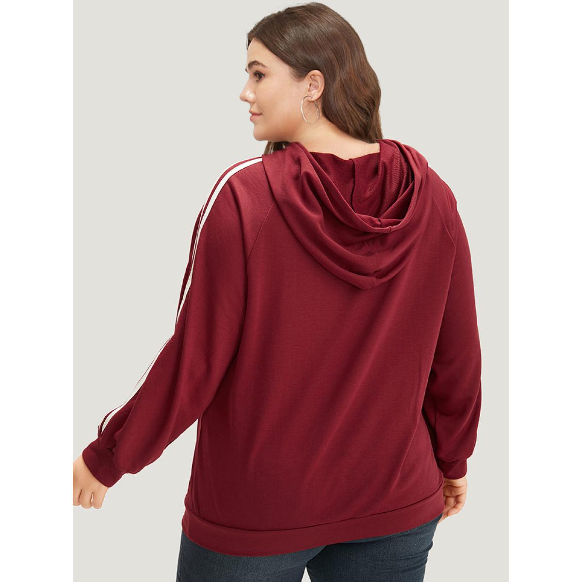 Plus Size Contrast Seam Detail Drawstring Pocket Hooded Raglan Sleeve Sweatshirt Women Red Casual Elastic cuffs Hooded Dailywear Sweatshirts BloomChic 12/L Product Image