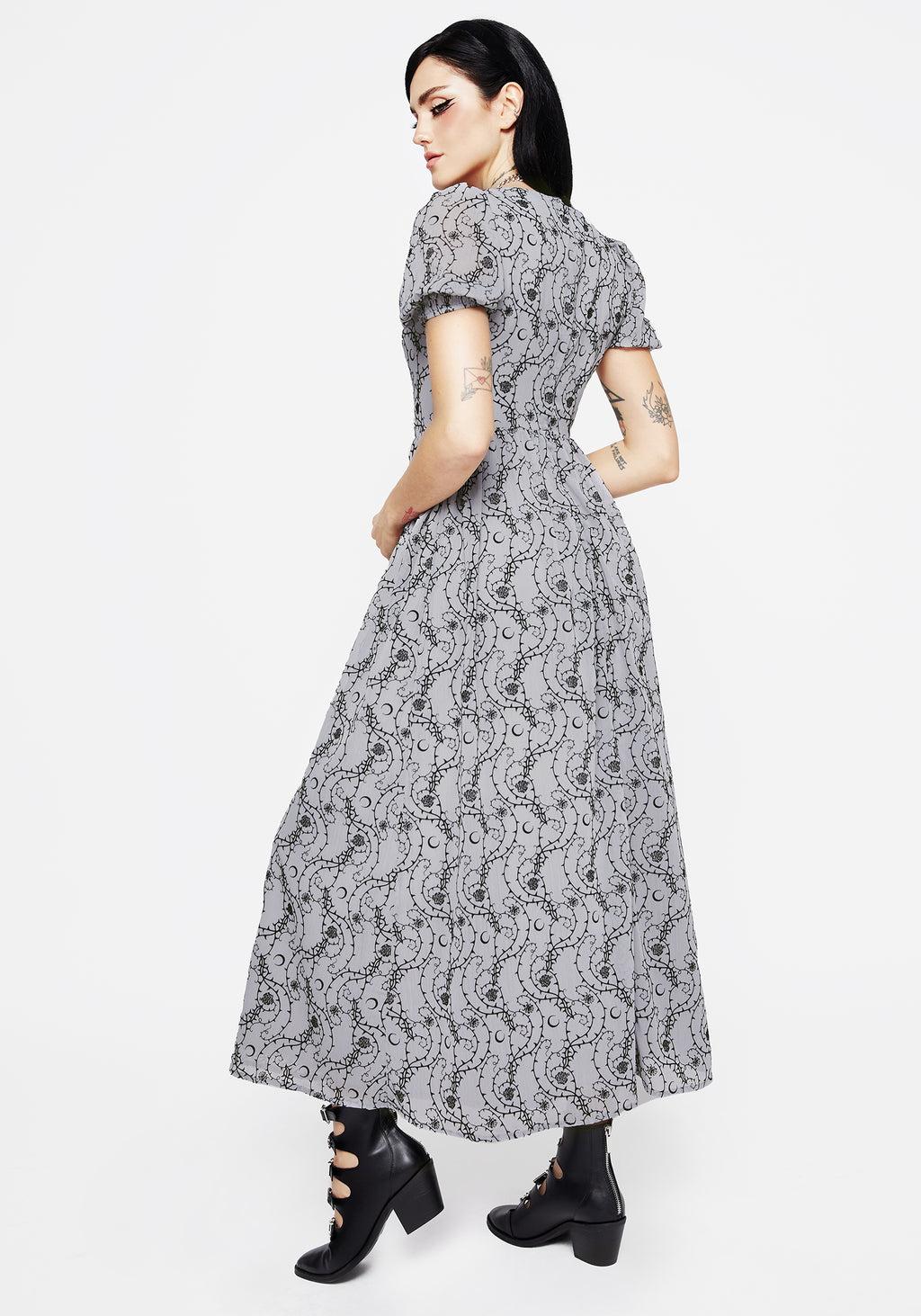 Rosethorn Flocked Velour Puff Sleeve Midaxi Dress - Blue Product Image