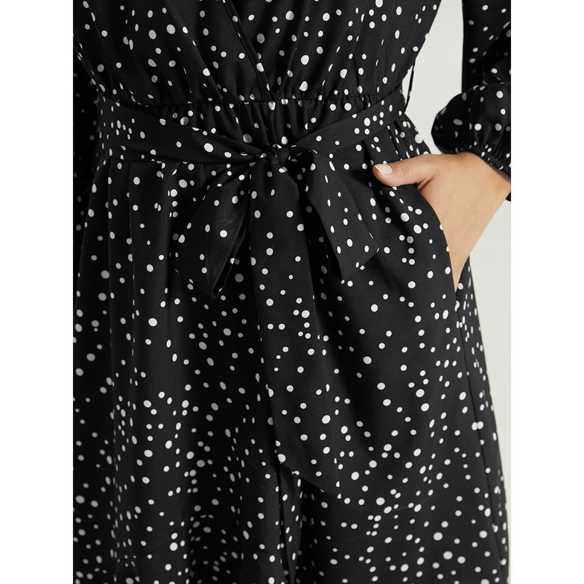 Plus Size Polka Dot Wrap Ruffle Trim High Low Hem Dress Black Women Elegant Elastic cuffs V-neck Long Sleeve Curvy Knee Dress BloomChic 10/M Product Image