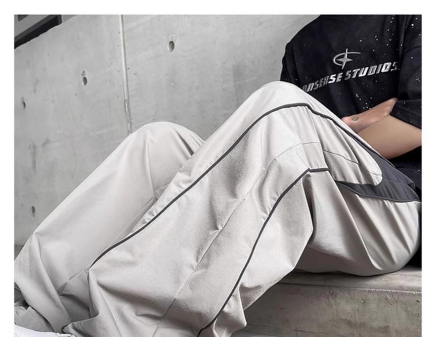 Drawstring Waist Two Tone Panel Straight Leg Track Pants Product Image