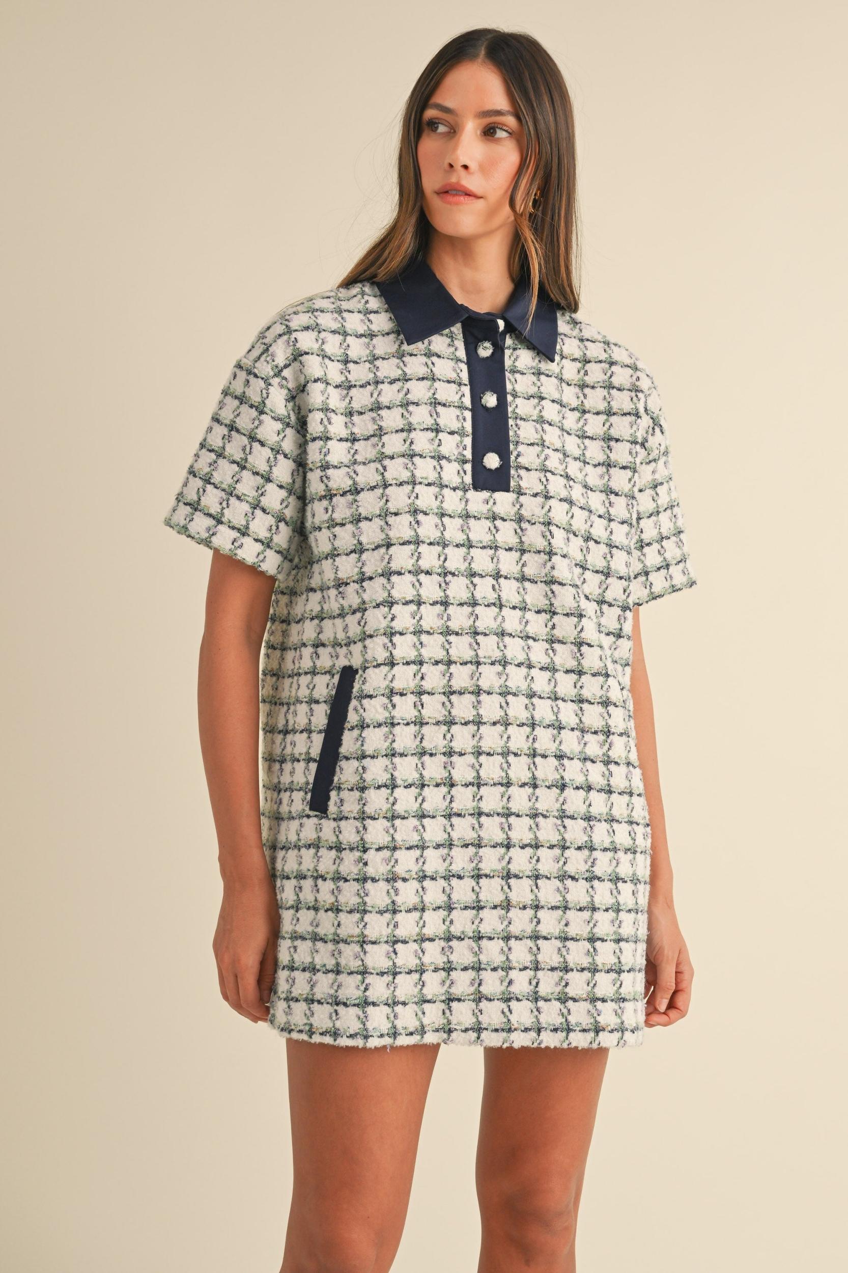 Collared Plaid Tweed Mini Dress Product Image