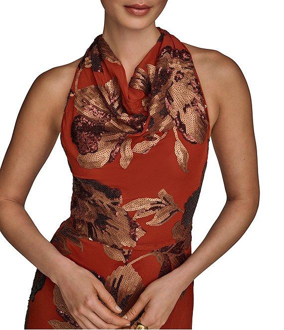 Donna Karan Cowl Neck Floral Sequin Sheath Dress Product Image