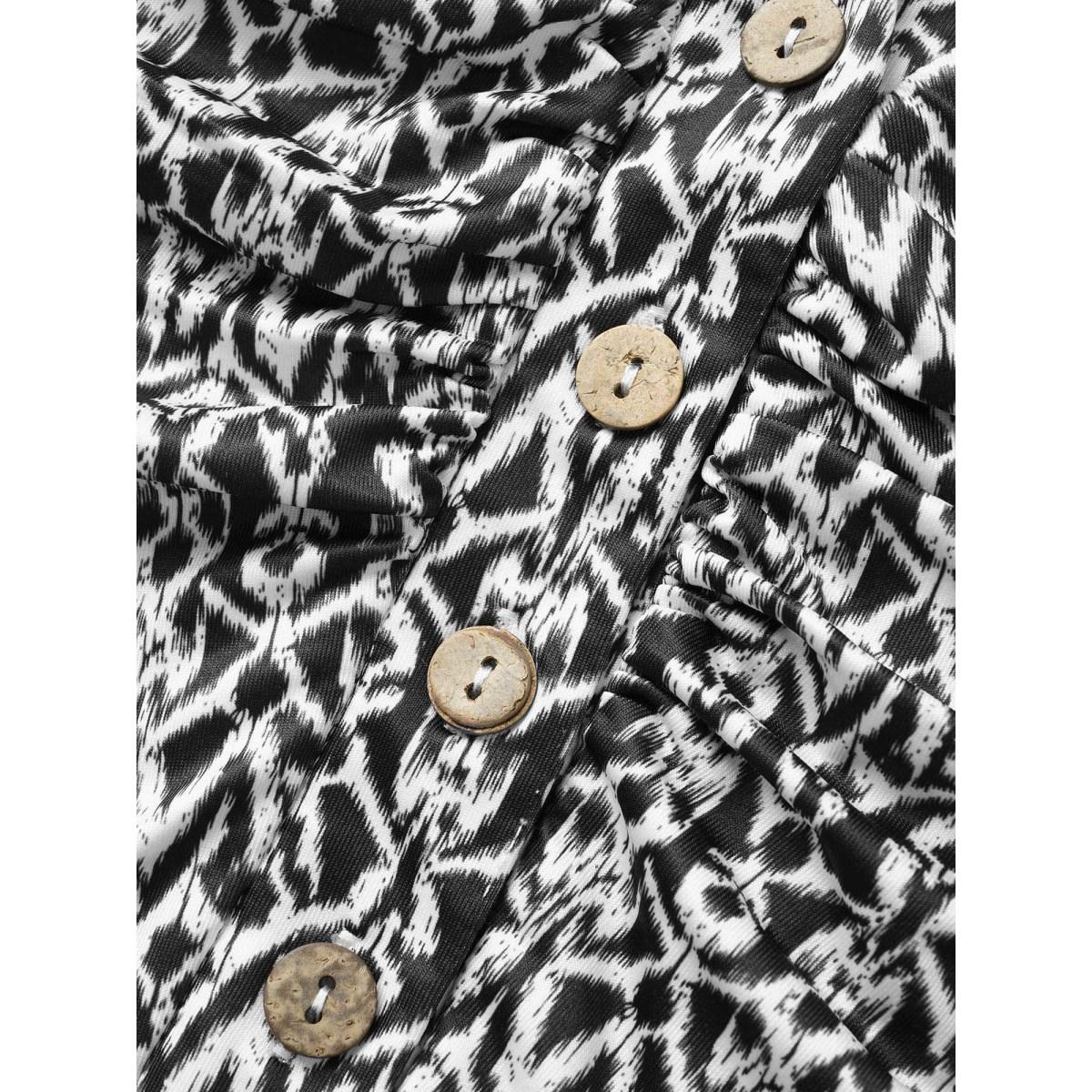 Plus Size Boho Print Notched Collar Ruched Dress Black Women Elegant Gathered Notched collar Short sleeve Curvy BloomChic 12/L Product Image