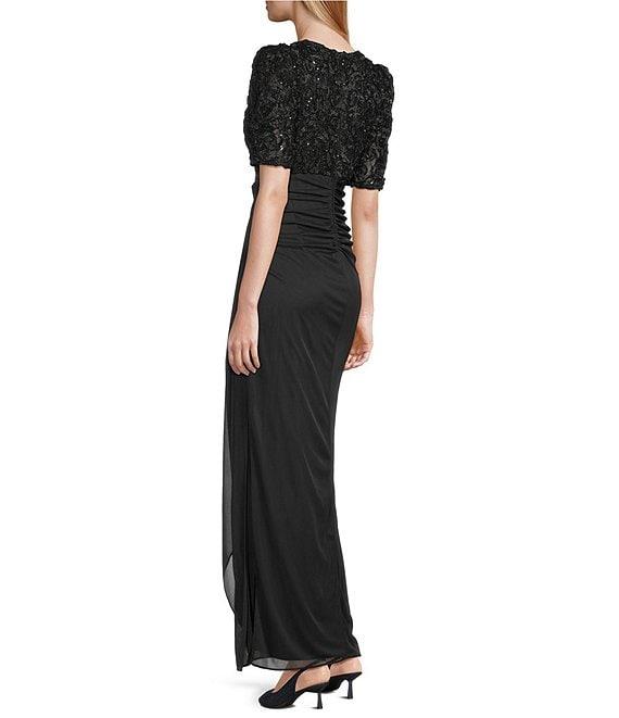 Alex Evenings Petite Size Lace Soutache Bodice V-Neck Short Sleeve Cascade Ruffle Empire Waist Dress Product Image