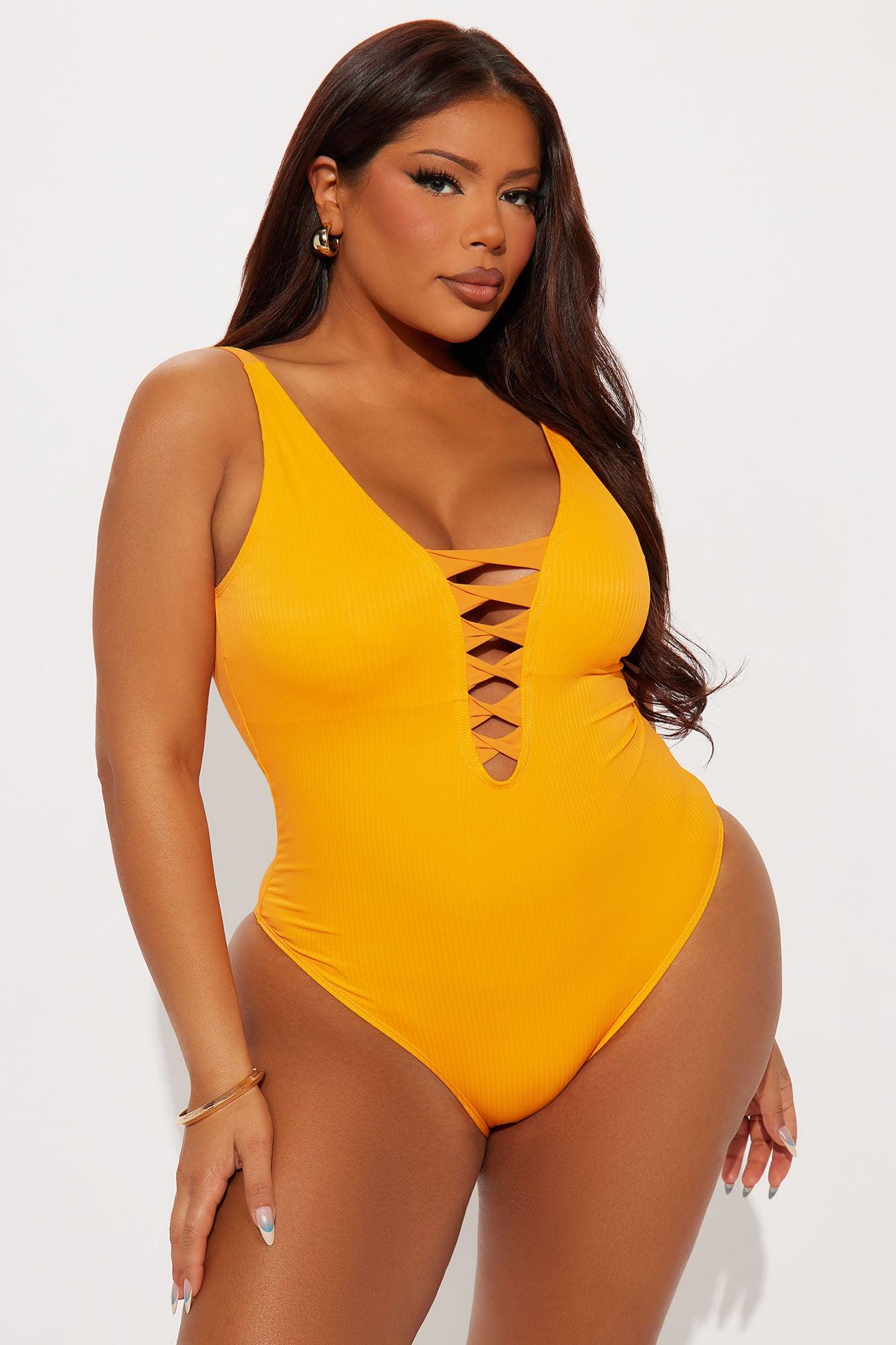 Summer Vibes Lace Up Ribbed 1 Piece Swimsuit - Orange Female Product Image