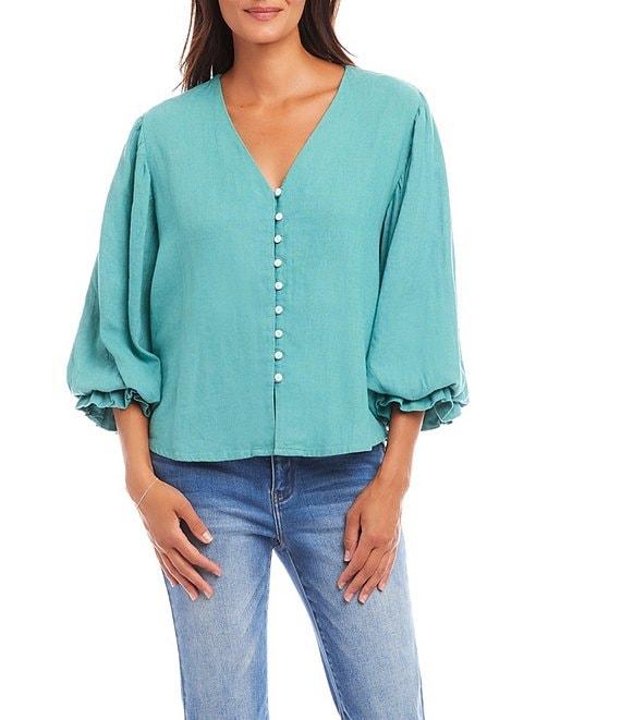 Karen Kane Linen Button Front V-Neck 3/4 Blouson Sleeve Blouse Product Image