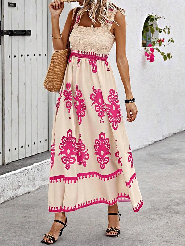 A-Line Loose Elasticity Pleated Printed Split-Joint Square-Neck Maxi Dresses Product Image