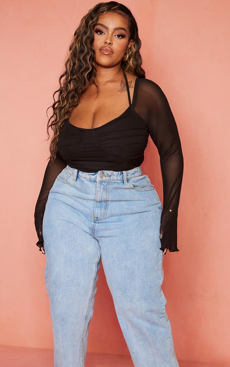 Plus Black Mesh Sleeve Halter Neck Bodysuit Product Image