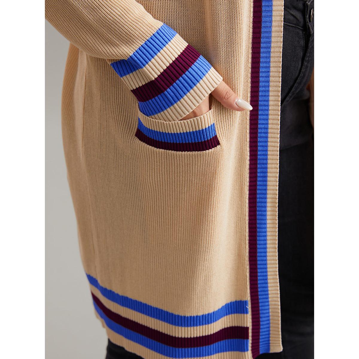 Plus Size Contrast Striped Patched Pocket Drop Shoulder Cardigan Champagne Women Casual Loose Long Sleeve Dailywear Cardigans BloomChic 18-20/2X Product Image