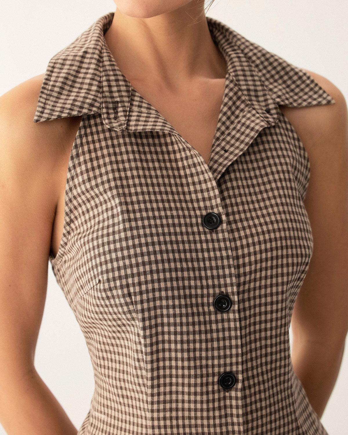 Brown Plaid Button Sleeveless Mini Dress Product Image
