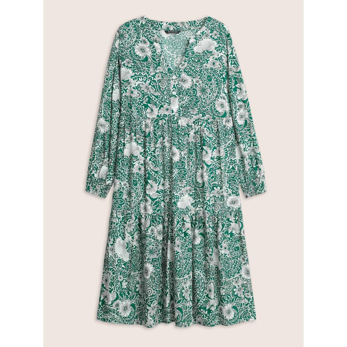 Plus Size Floral Shirred Button Detail Lantern Sleeve Dress Emerald Women Resort Non Notched collar Long Sleeve Curvy Midi Dress BloomChic 26/4X Product Image