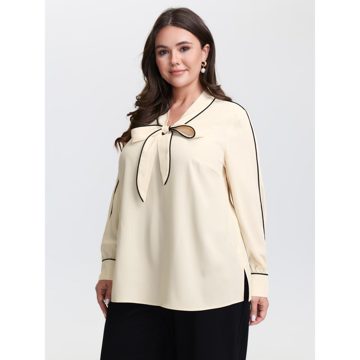 Plus Size Apricot Bowknot Neckline Color Contrast Blouse Women Timeless Long Sleeve Ribbon-tied collar Elegant Blouses BloomChic 10/M Product Image