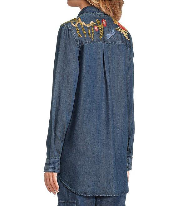 JOHNNY WAS Jane Lightweight Denim Placement Embroidery Point Collar Half-Zip Long Sleeve Shirt Tunic Product Image