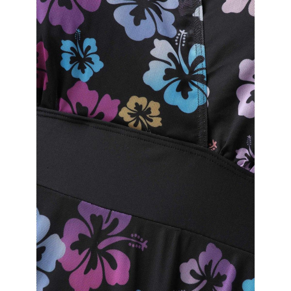 Plus Size Floral Mesh Layered Surplice Swim Dress Women's Swimwear BlackFlower Beach Bodycon Overlap Collar High stretch Curve Swim Dresses BloomChic 22-24/3X Product Image