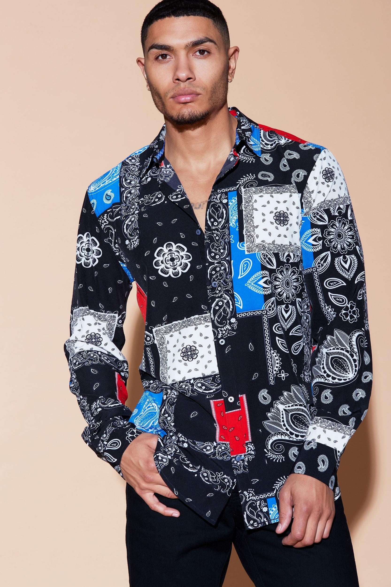 Skies Bandana Patchwork Long Sleeve Woven Top  - Black/combo Product Image