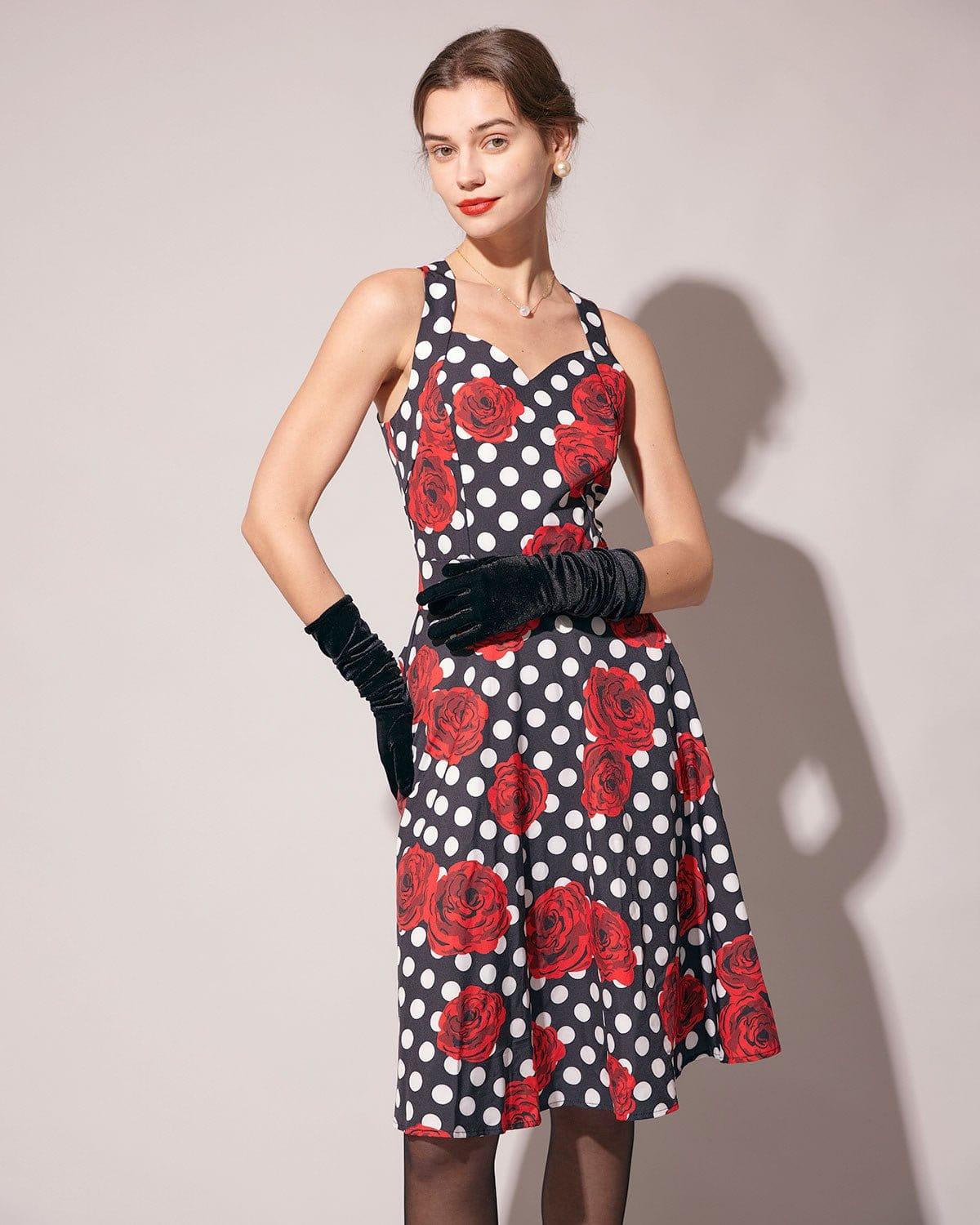 The Sweetheart Neck Polka Dot Rose Halter Midi Dress Product Image